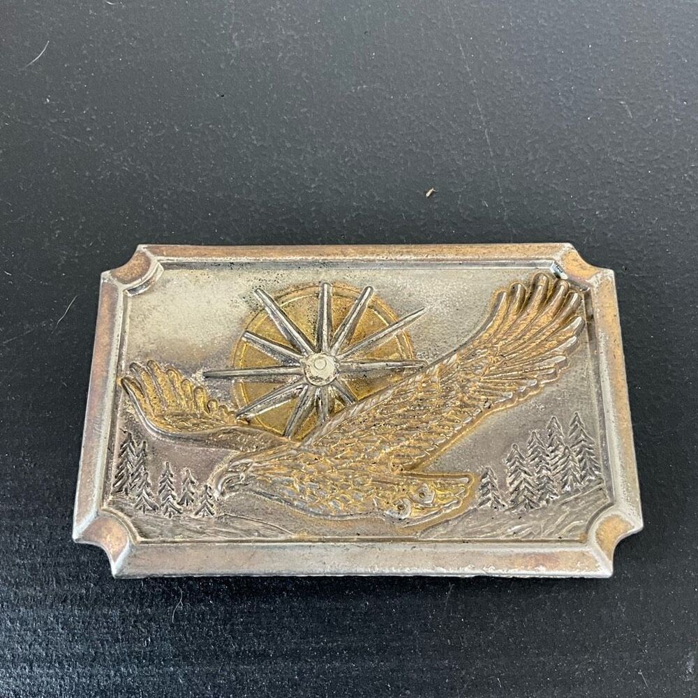 Western Style Brass Belt Buckle With Eagle Flying Over Mountain Pine Forest